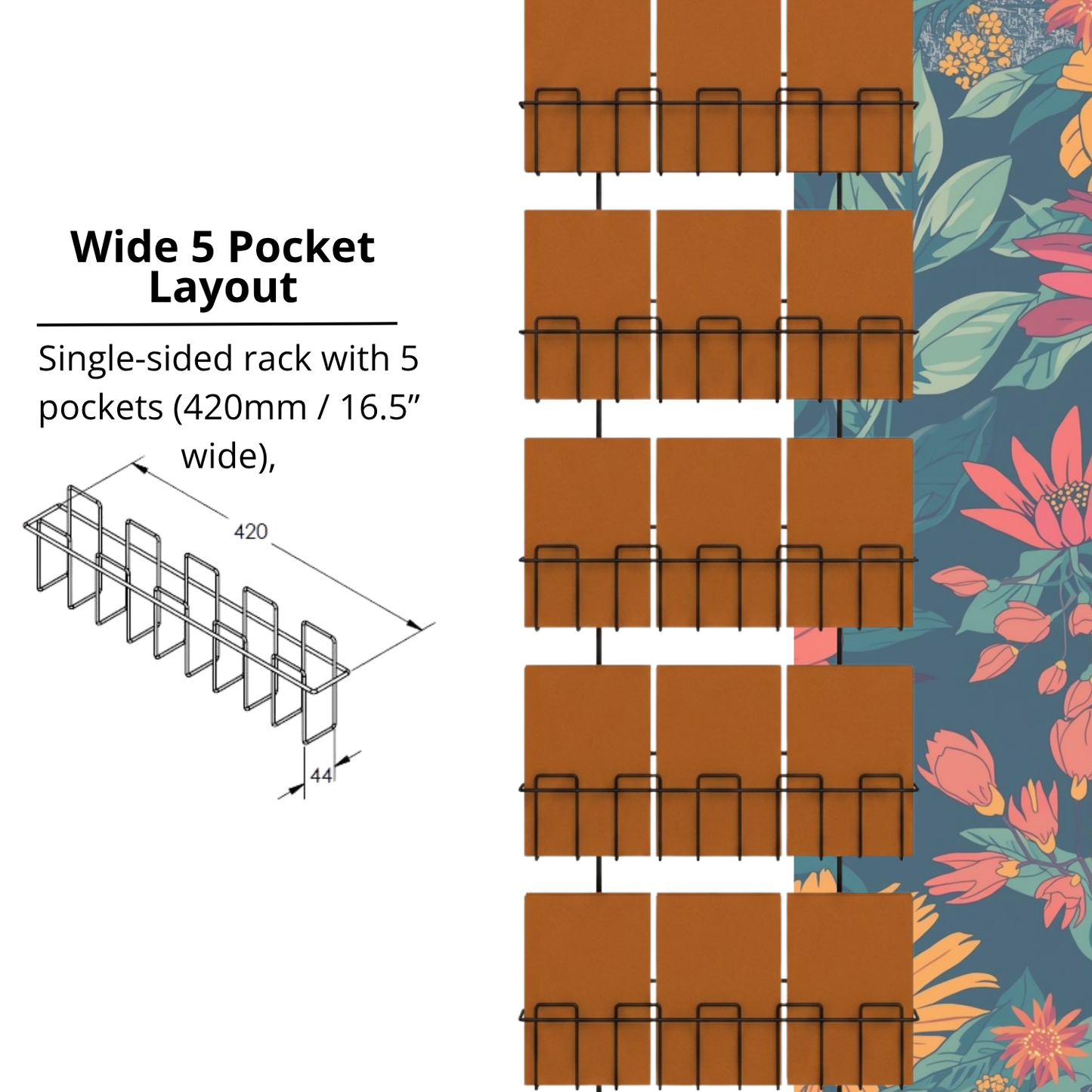 Greeting Card Wall Display Rack – 5 Pocket Door or Slatwall Mounted Holder for Mixed Size Cards