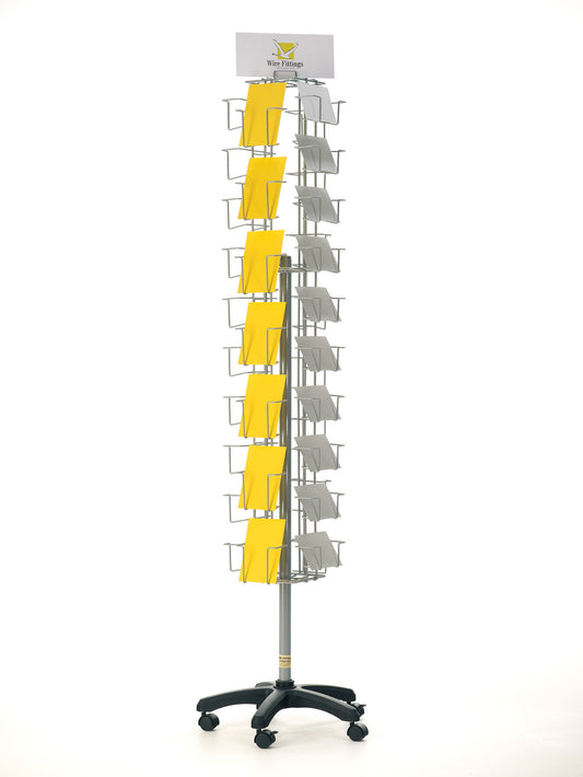 A silver postcard floor display stand with multiple pockets, filled with yellow postcards, on a white background.